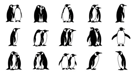 Set of 15 black and white silhouette penguins in various poses standing and interacting isolated on white background emphasizing minimalistic and graphic style suitable © Pabitra
