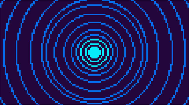 Concentric circles pixel art abstract background in blue tones