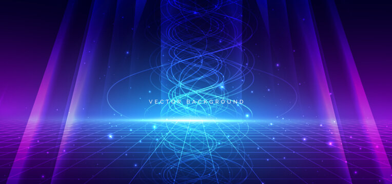 Futuristic Neon Light Stage Background with Digital Grid and Energy Waves.