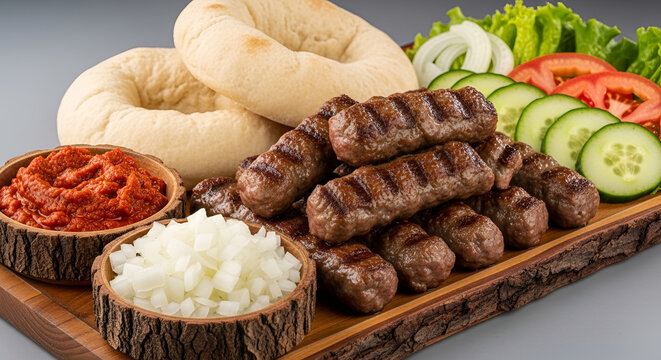 Delicious Grilled Cevapi Platter with Fresh Vegetables and Bread.