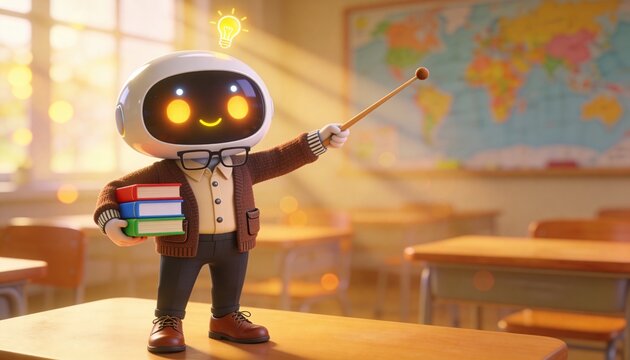 Robot Teacher Classroom Books Pointer Lightbulb Idea Education