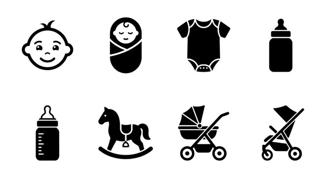 Baby Icons Set: Newborn, Stroller, Rocking Horse, Bodysuit, Bottle