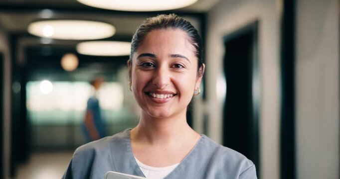 Smile, woman and face of nurse in hospital with confidence for medical career with service. Happy, professional and portrait of female healthcare worker with pride for about us in clinic hallway.