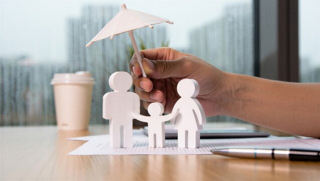 Life insurance concept showing family protection with wooden figures under umbrella on financial documents. Represents coverage, beneficiaries, income security, financial planning.