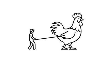 Fototapeta premium Man Walking Giant Chicken on Leash, Surreal Farm Animal Concept