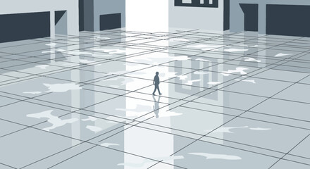 Lone figure walks through flooded city square, reflections in water, minimalist urban scene © Rizal