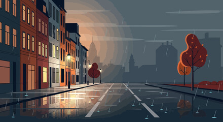 Rainy City Street at Dusk with Reflections and Streetlights © Rizal