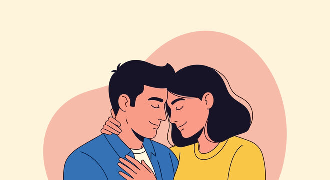 Young couple embracing, tender moment, love and connection, flat illustration