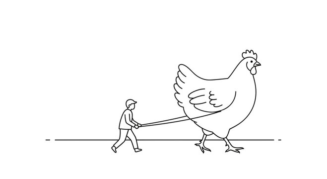 Man Walking Giant Chicken on Leash, Surreal Farm Animal Concept