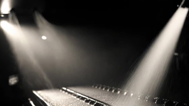 Piano keys receiving heavy raindrops from an overhead spotlight in a dark, atmospheric setting, creating a powerful visual metaphor for intense emotion and melancholic music