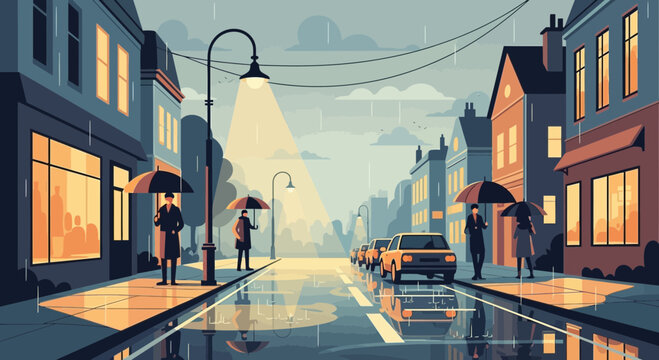 Rainy City Street Scene with Pedestrians and Cars, Reflections on Wet Pavement