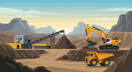 Pixel Art Mining Operation: Excavator, Dump Truck, Conveyor Belt, and Quarry Landscape © Rizal