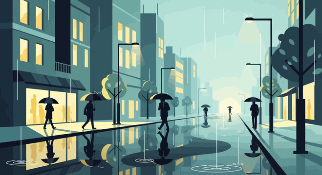 Rainy City Street Scene with People Walking Under Umbrellas and Reflections