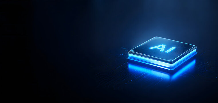 AI Chip Microprocessor on Circuit Board with Blue Neon Glow Banner