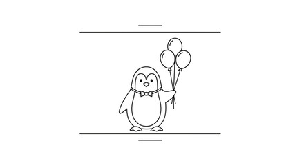 Fototapeta premium Cute Penguin Holding Balloons, Birthday Party, Celebration, Line Art