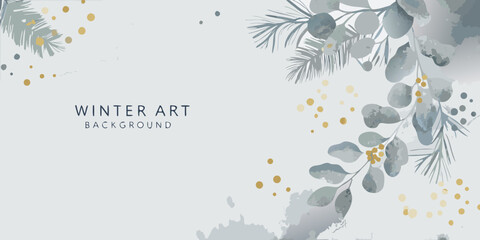 watercolor eucalyptus branches and pine needles with golden dots on a light gray background © Dibyendu