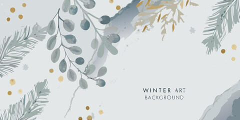 watercolor eucalyptus leaves and pine needles with gold accents on a gray background © Dibyendu