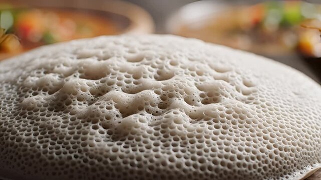 Closeup of Injera bread with Ethiopian stews in the background.