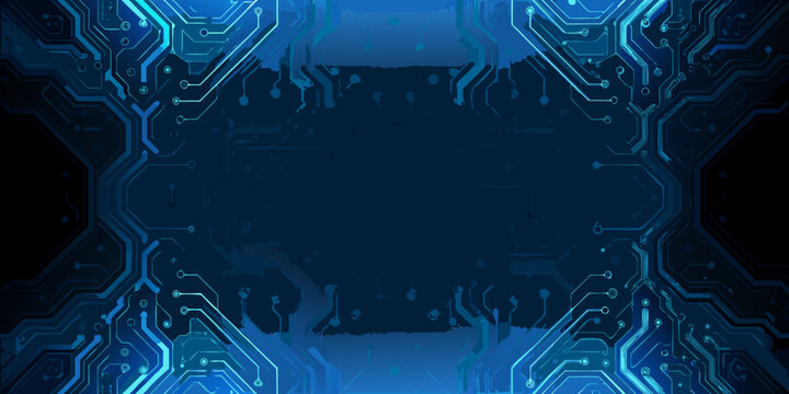 blue circuit board pattern framing a central dark space technology background