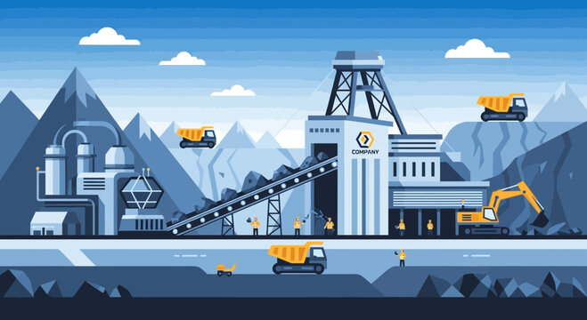 Pixel Art Coal Mine Scene with Trucks, Excavator, and Mining Facility