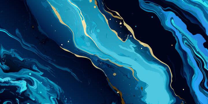 abstract blue and turquoise marble pattern with gold veins fluid art style