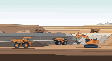 Open pit mine with heavy machinery: dump trucks, excavators, and loaders working © Rizal
