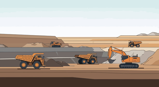 Open pit mine with heavy machinery: dump trucks, excavators, and loaders working