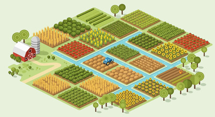 Isometric farm landscape with diverse crops, river, tractor, and barn in a stylized, colorful illustration. © Rizal