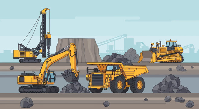 Heavy Construction Machinery Working in Open Pit Mine - Excavator, Dump Truck, Bulldozer, Drilling Rig