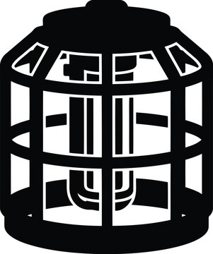 Black silhouette icon of a vintage lantern with metal cage protection and internal illuminator on transparent background.
