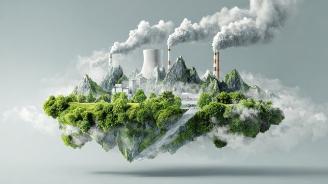 A floating island with mountains and trees disrupted by industrial factories emitting smoke from chimneys.