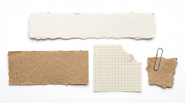 High angle studio photograph featuring a variety of textured paper scraps and a metallic clip arranged neatly to provide a creative surface for writing important notes