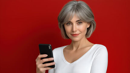 Fototapeta premium Silver haired woman holding smartphone on red background for digital lifestyle and senior tech concept