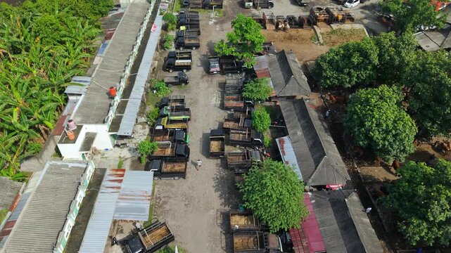 Aerial view of Animal Market Prambanan with rows of parked pickup trucks and livestock pens in Kecamatan Prambanan, Jawa Tengah, Indonesia.