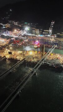 Vertical Night Aerial View of Har Ki Pauri Haridwar Uttarakhand India