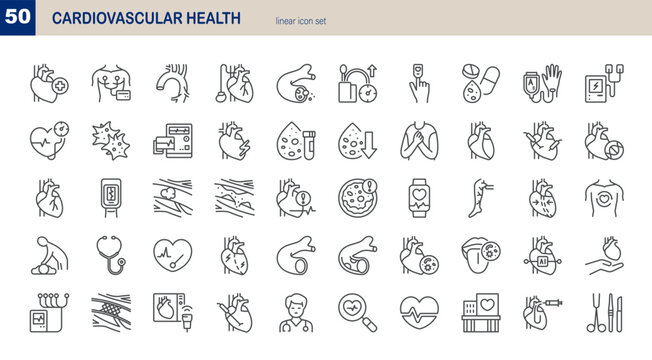 Cardiovascular Health Related Vector Line Icons Set. Think Icons of Heart, ECG Monitor, Defibrillator, CPR, Cholesterol, Blood Transfusion. Heart Disease, Diagnosis, Treatments. Pixel Perfect.