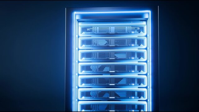 A small, glowing blue data server rack against a background; cloud computing concept; clear product image.