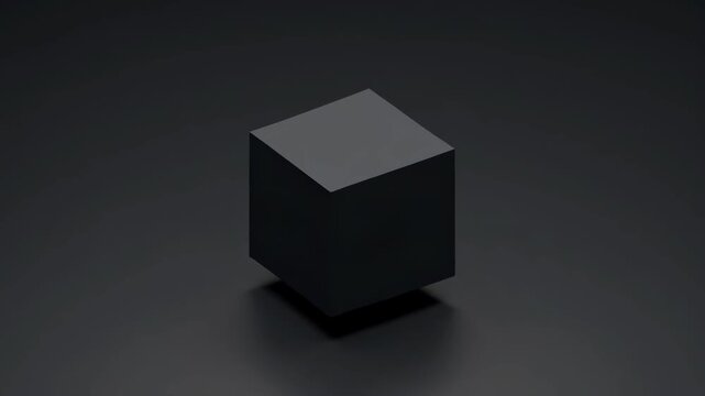 Black cube in minimalistic style floating on dark background, symbolizing abstraction and modern simplicity