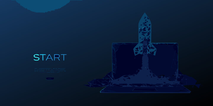 Wireframe rocket launching from a laptop screen digital illustration in blue tones