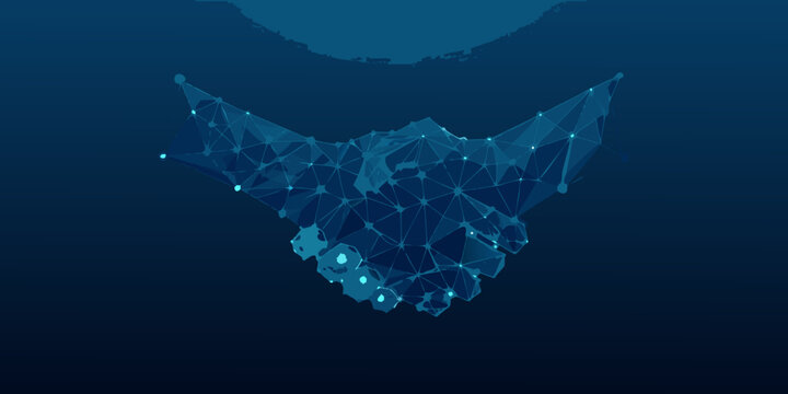 Low poly wireframe handshake illustration with glowing blue lines on dark background
