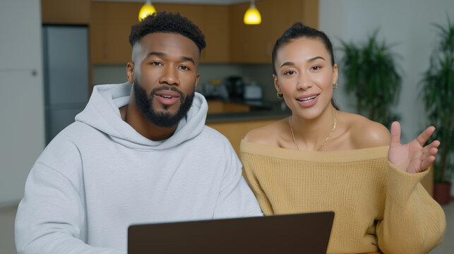 Smiling couple with laptop waving at camera for video call remote work and online meeting concept