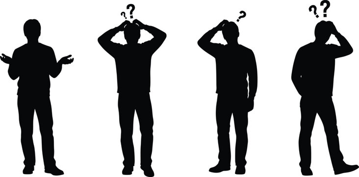 Confused man silhouettes set with scratching head gestures and question marks for problem solving concept