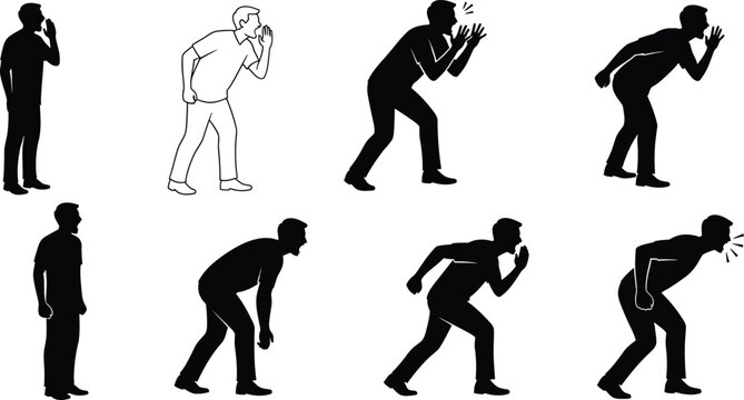 Shouting man silhouettes and outlines set with male characters screaming and announcing news loudly
