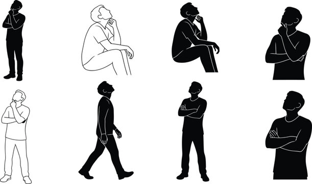 Thinking man silhouettes and outlines set with male characters looking up and pondering
