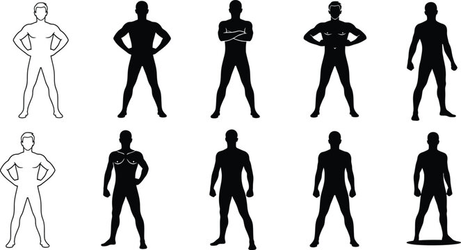 Athletic muscular man silhouettes and outlines set featuring strong male bodies posing in different stances