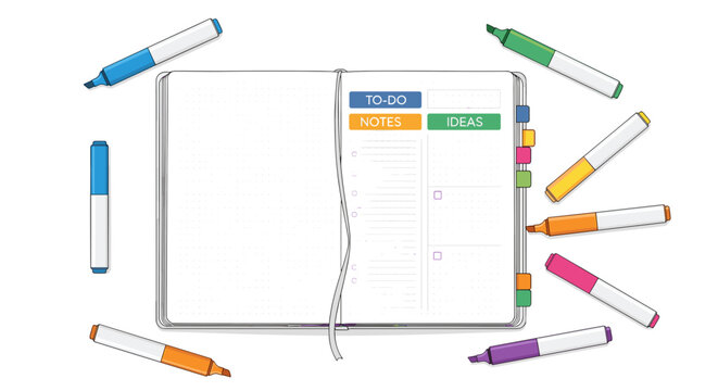 Open bullet journal with colorful markers scattered around, featuring organized to-do lists and tabbed sections on a white background