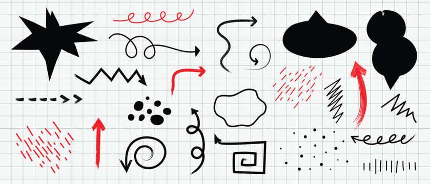 Hand Drawn Doodle Arrow and Graphic Element Mega Set on Grid Background