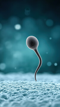 Single sperm cell swimming on blue microscopic background for fertility and reproductive medicine concept