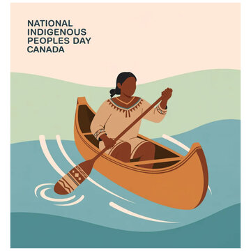 Minimal Vector National Indigenous Peoples Day Canada Icon &ndash; Young Professional Rowing Traditional Canoe, Pastel Water Background
