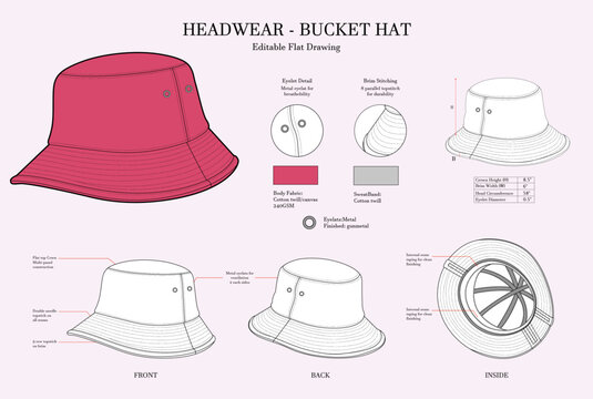 Editable Bucket Hat Technical Flat Sketch with Construction Details, Fashion CAD Head-wear Tech Pack Template, Front Back and Inside View Illustration